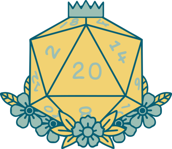 Retro Dövme Biçimi Doğal 20 D20 zar bir insan tarafından çizilmiş çiçek elementleriyle