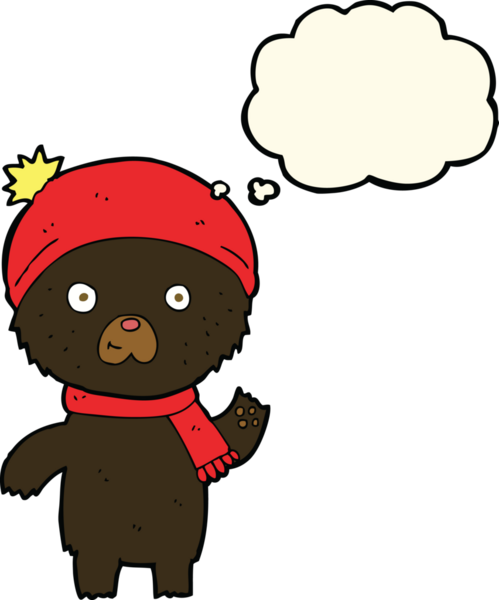 Bir insan tarafından çizilmiş düşünce balonlu siyah ayı sallayan çizgi film.