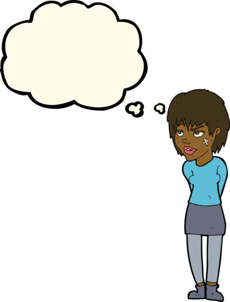 Yüzünde alçı olan, bir insan tarafından çizilmiş düşünce balonu olan karikatür kadın.