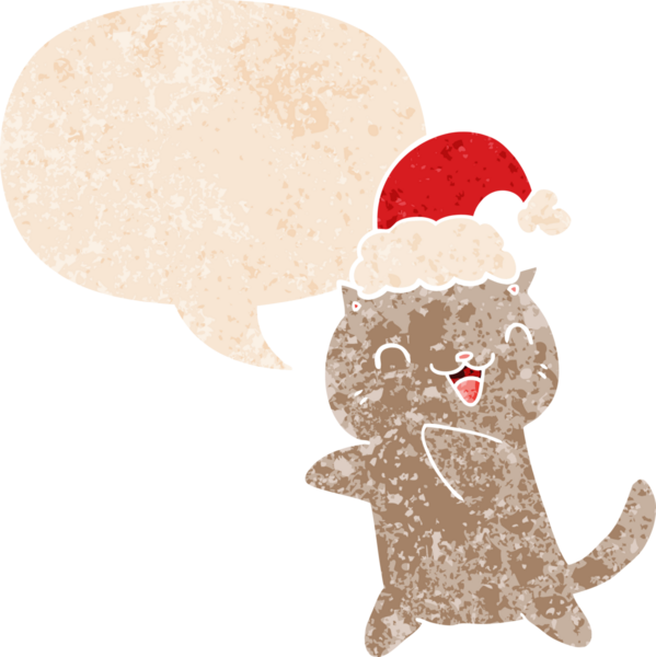 Hoş bir çizgi film kedisi ve grunge içinde konuşma baloncuğu insan tarafından çizilmiş kederli retro dokuma tarzı