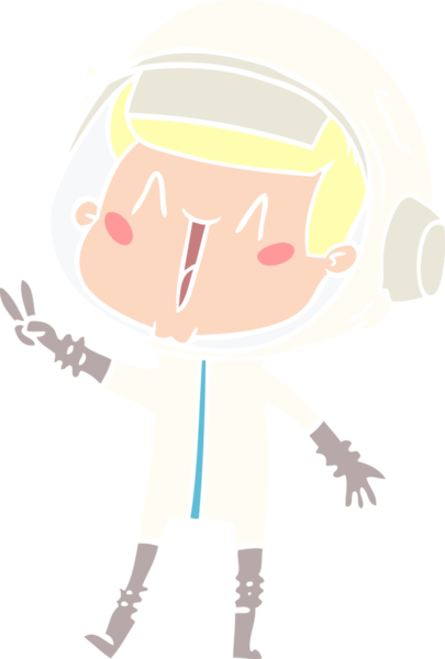 Mutlu düz renkli çizgi film astronotu bir insan tarafından çizilmiş barış işareti veriyor.