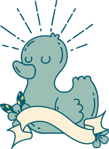 Bir insan tarafından çizilmiş dövme stili plastik ördekli parşömen.