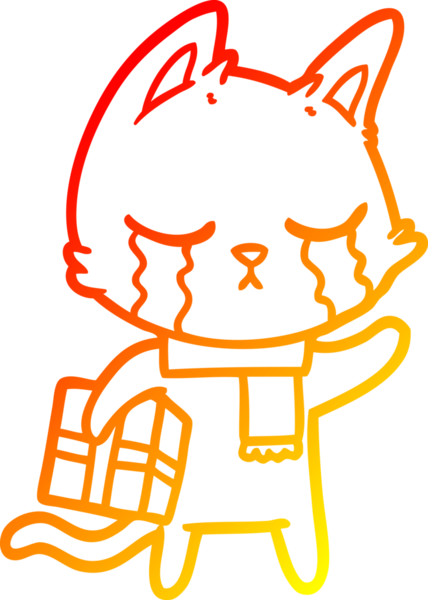 Bir insan tarafından çizilmiş Noel hediyesini elinde tutan ağlayan bir çizgi film kedisinin sıcak çizgi çizimi