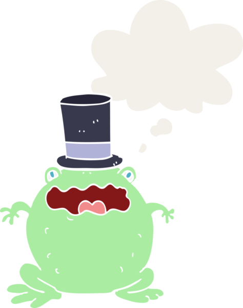 Düşünce baloncuklu silindir şapkalı çizgi film karakurbağası bir insan tarafından çizilmiş.