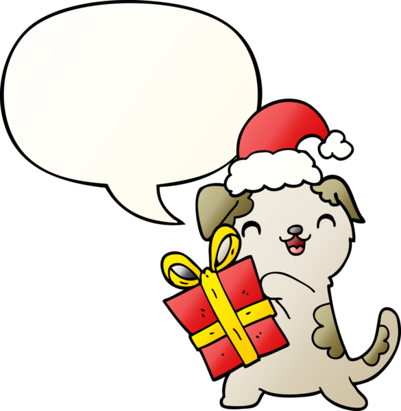 Noel hediyeli şirin bir çizgi film köpeği ve bir insan tarafından çizilmiş yumuşak eğimli konuşma baloncuklu bir şapka.