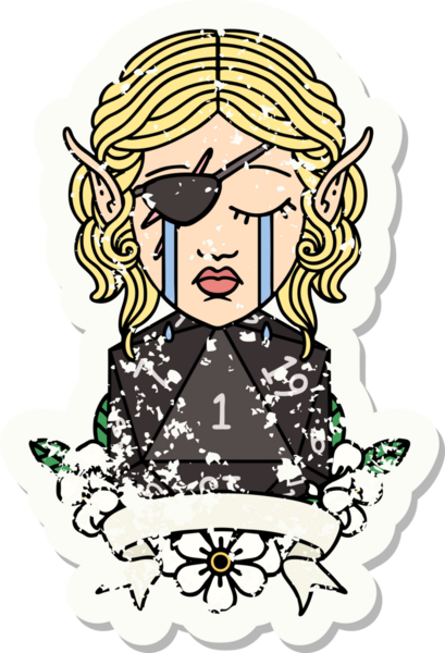 Retro Dövme Tarzı Ağlayan Elf Haydut Karakteri Bir insan tarafından çizilmiş doğal bir D20 rulosu