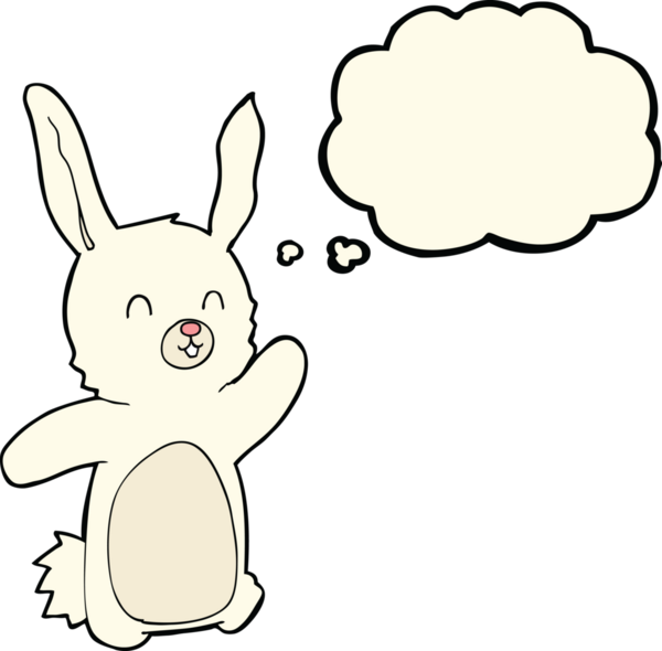 Bir insan tarafından çizilmiş düşünce balonlu mutlu tavşan çizgi filmi.