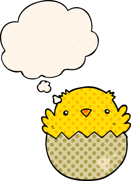 Çizgi roman tarzında bir insan tarafından çizilmiş düşünce baloncuğuyla yumurtadan çıkan karikatür yavrusu.