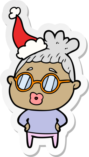 Kütüphaneci bir kadının el yazısı. Gözlük takıyor. Noel Baba şapkası takıyor.