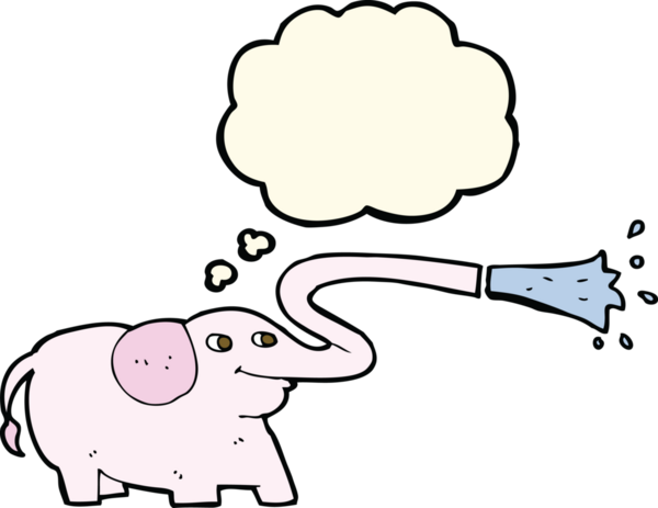 Bir insan tarafından çizilmiş düşünce baloncuğuyla su fışkırtan çizgi film fili.