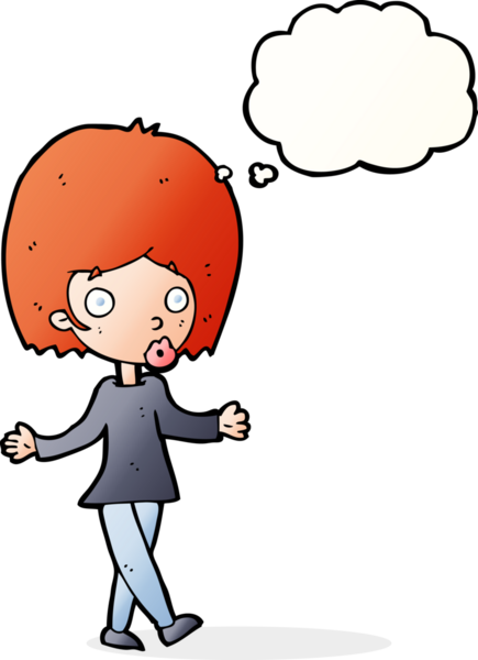 Bir insan tarafından çizilmiş düşünce baloncuğu olan kafası karışık bir kadın çizgi filmi.