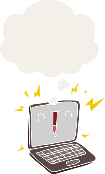 Düşünce baloncuklu karikatür dizüstü bilgisayar insan tarafından çizilmiş.