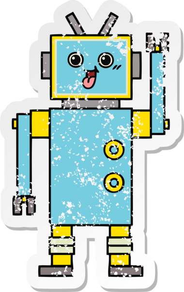 Bir insan tarafından çizilmiş sevimli bir robot çizgi film çıkartması.