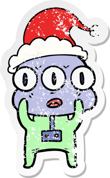 Bir insan tarafından çizilmiş Noel Baba şapkası giymiş üç gözlü bir uzaylının el yazısı.