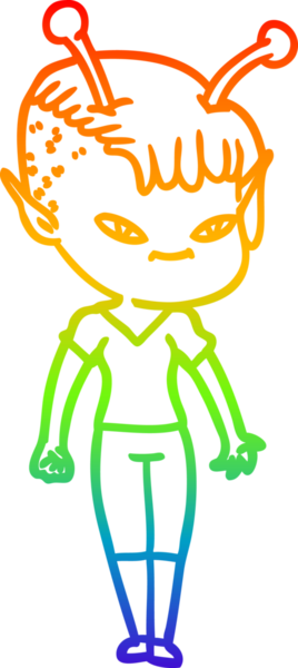 Gökkuşağı gradyan çizgisi bir insan tarafından çizilmiş şirin bir uzaylı kızın çizimi.