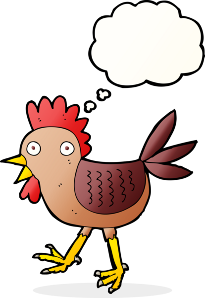 Bir insan tarafından çizilmiş düşünce balonlu komik çizgi film tavuğu.