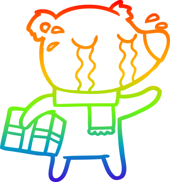 Gökkuşağı gradyan çizimi bir insan tarafından çizilmiş ağlayan Noel kutup ayısı çizgi filmi