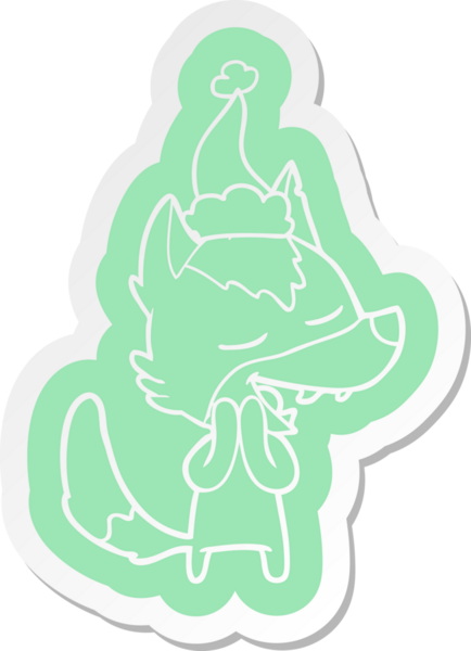 Bir insan tarafından çizilmiş Noel Baba şapkasıyla gülen bir kurdun garip çizgi film çıkartması.