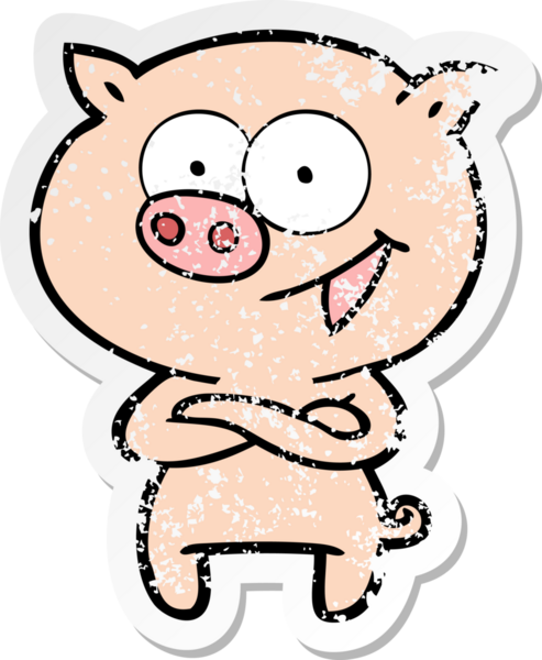 Bir insan tarafından çizilmiş neşeli bir domuz çizgi filminin hüzünlü çıkartması.