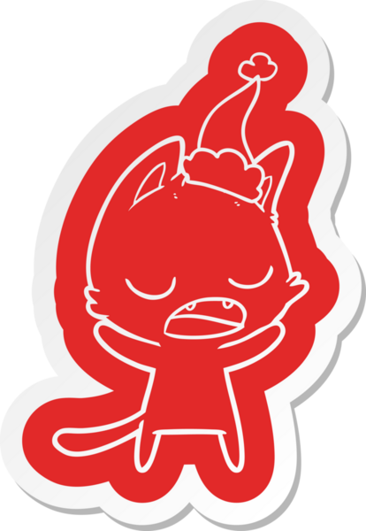 Konuşan kedi çizgi filmi çıkartması Noel Baba şapkası giyen bir insan tarafından çizilmiş.