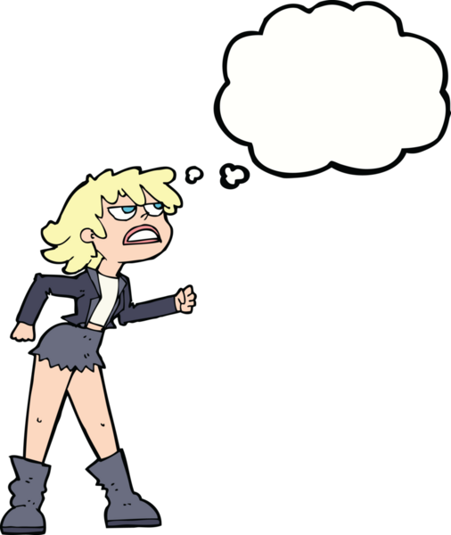 Bir insan tarafından çizilmiş düşünce balonlu kızgın motorcu kız.