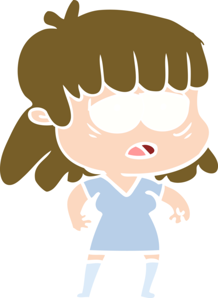 Düz renkli çizgi film. Bir insan tarafından çizilmiş yorgun kadın.