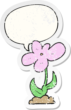 Konuşma baloncuğu olan karikatür çiçeği bir insan tarafından çizilmiş sıkıntılı eski bir çıkartma