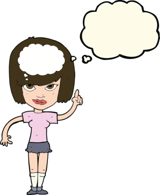 Bir insan tarafından çizilmiş düşünce baloncuğu fikri olan karikatür kadın.