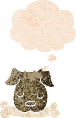 Düşünce baloncuklu, kemikli çizgi film köpeği grunge sıkıntılı retro dokuma tarzı bir insan tarafından çizilmiş.