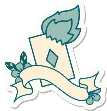 Bir insan tarafından çizilmiş yanan bir kartın pankartına sahip dövme stili çıkartması