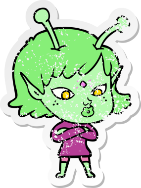 Bir insan tarafından çizilmiş güzel uzaylı bir kızın sıkıntılı çıkartması.