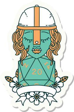 Bir insan tarafından çizilmiş 20 zarlı yarım ork savaşçısının çıkartması.