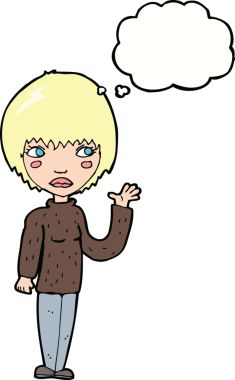 Bir insan tarafından çizilmiş düşünce baloncuğuyla el sallayan çizgi film kadını.