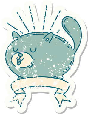 Bir insan tarafından çizilmiş eski bir dövme stili mutlu bir kedi.