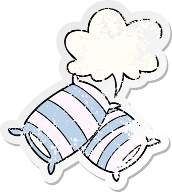 Konuşma baloncuklu çizgi film yastıkları bir insan tarafından çizilmiş sıkıntılı eski bir çıkartma