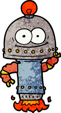 Bir insan tarafından çizilmiş ampullü mutlu karton robot.