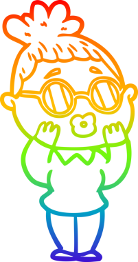 Bir insan tarafından çizilmiş gözlük takan bir karikatür kadının çizimi.