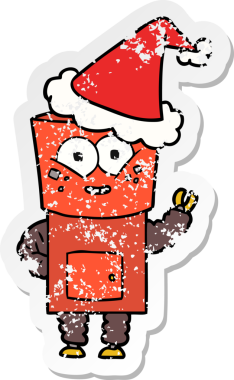 Mutlu el çizilmiş hüzünlü bir robot çizimi merhaba diyor Noel Baba şapkası giymiş bir insan tarafından çizilmiş