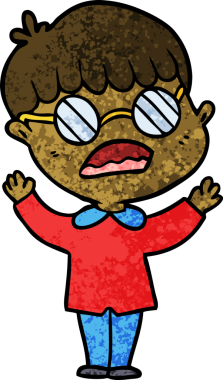 Bir insan tarafından çizilmiş gözlük takan çizgi film çocuğu.