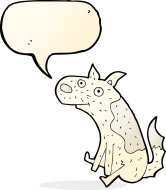 Bir insan tarafından çizilmiş konuşma balonlu bir çizgi film köpeği.