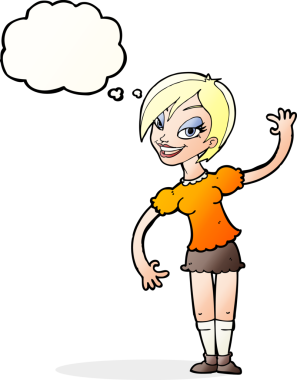 Bir insan tarafından çizilmiş düşünce baloncuğuyla el sallayan çizgi film kızı.