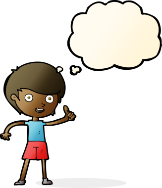 Çizgi filmci çocuk, bir insan tarafından çizilmiş düşünce baloncuğuyla baş parmak işareti yapıyor.