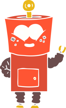 Mutlu düz renkli çizgi film robotu bir insan tarafından çizilmiş merhaba diyor.