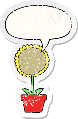 Konuşma baloncuğu olan sevimli bir karikatür çiçek bir insan tarafından çizilmiş sıkıntılı eski bir çıkartma