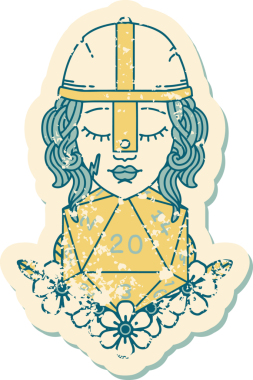 Bir insan dövüşçüsünün grunge sticker 'ı. Bir insan tarafından çizilmiş 20 D20 zarlı.