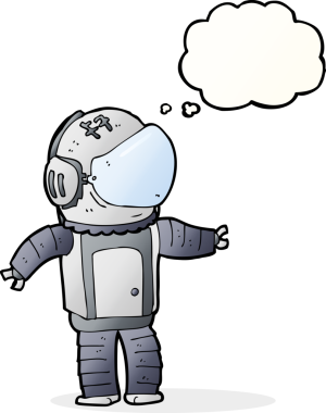 Bir insan tarafından çizilmiş düşünce baloncuklu astronot.