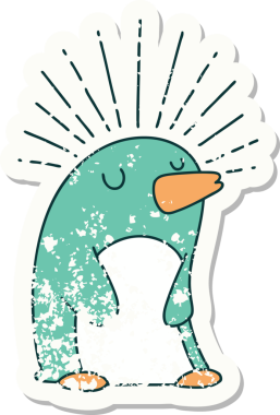 Dövme stili eski bir çıkartma. Bir insan tarafından çizilmiş mutlu penguen.