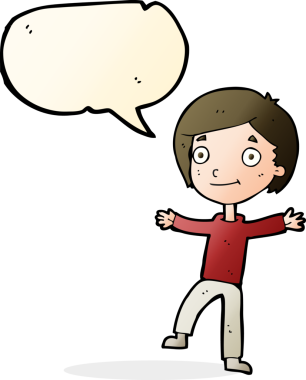 Bir insan tarafından çizilmiş konuşma balonu olan heyecanlı bir çocuk.