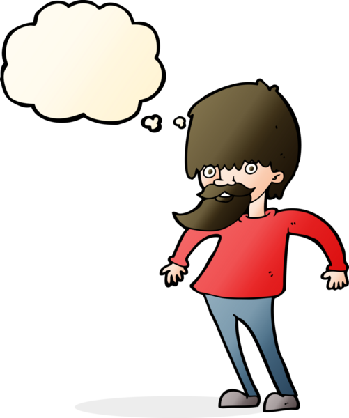 Bir insan tarafından çizilmiş düşünce baloncuğuyla omuzlarını silken sakallı bir adam.