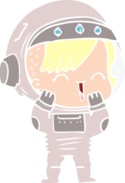 Düz renkli çizgi film. Gülen astronot kız bir insan tarafından çizilmiş.